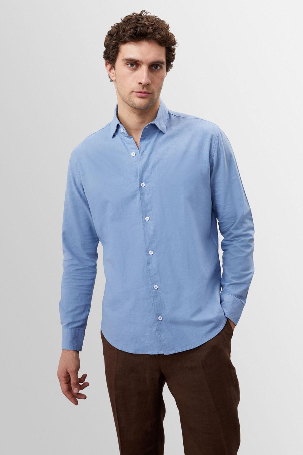 Collar Button Detailed 100% Linen Mens Shirt