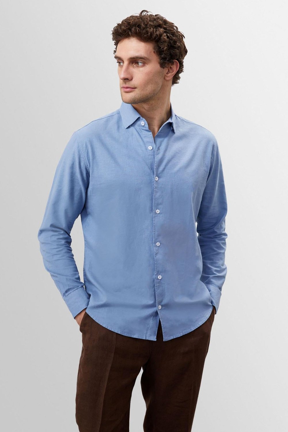 Collar Button Detailed 100% Linen Mens Shirt