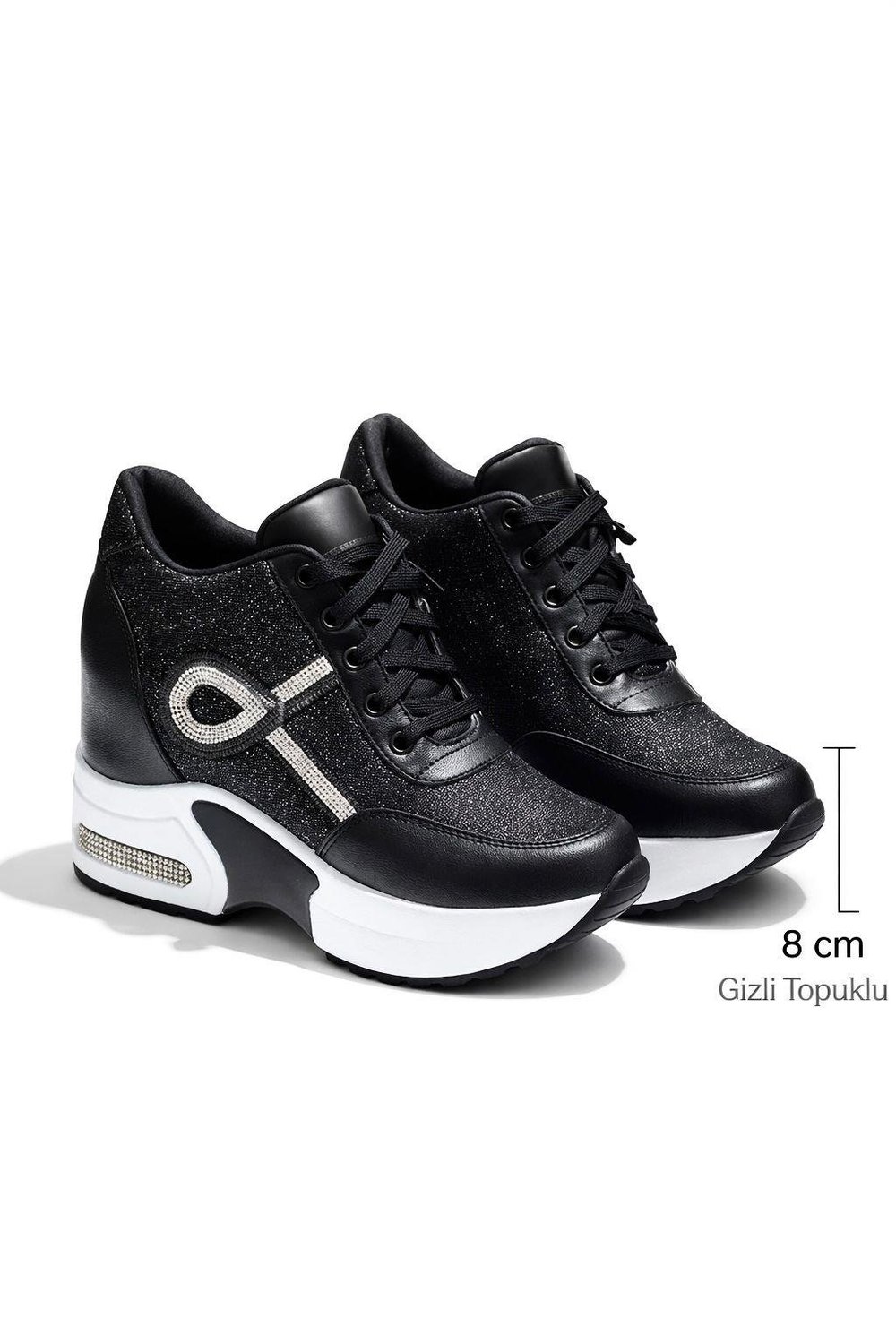 Alix Kristal Taşlı Gizli Topuklu Spor Ayakkabı Siyah - Spor Ayakkabı
