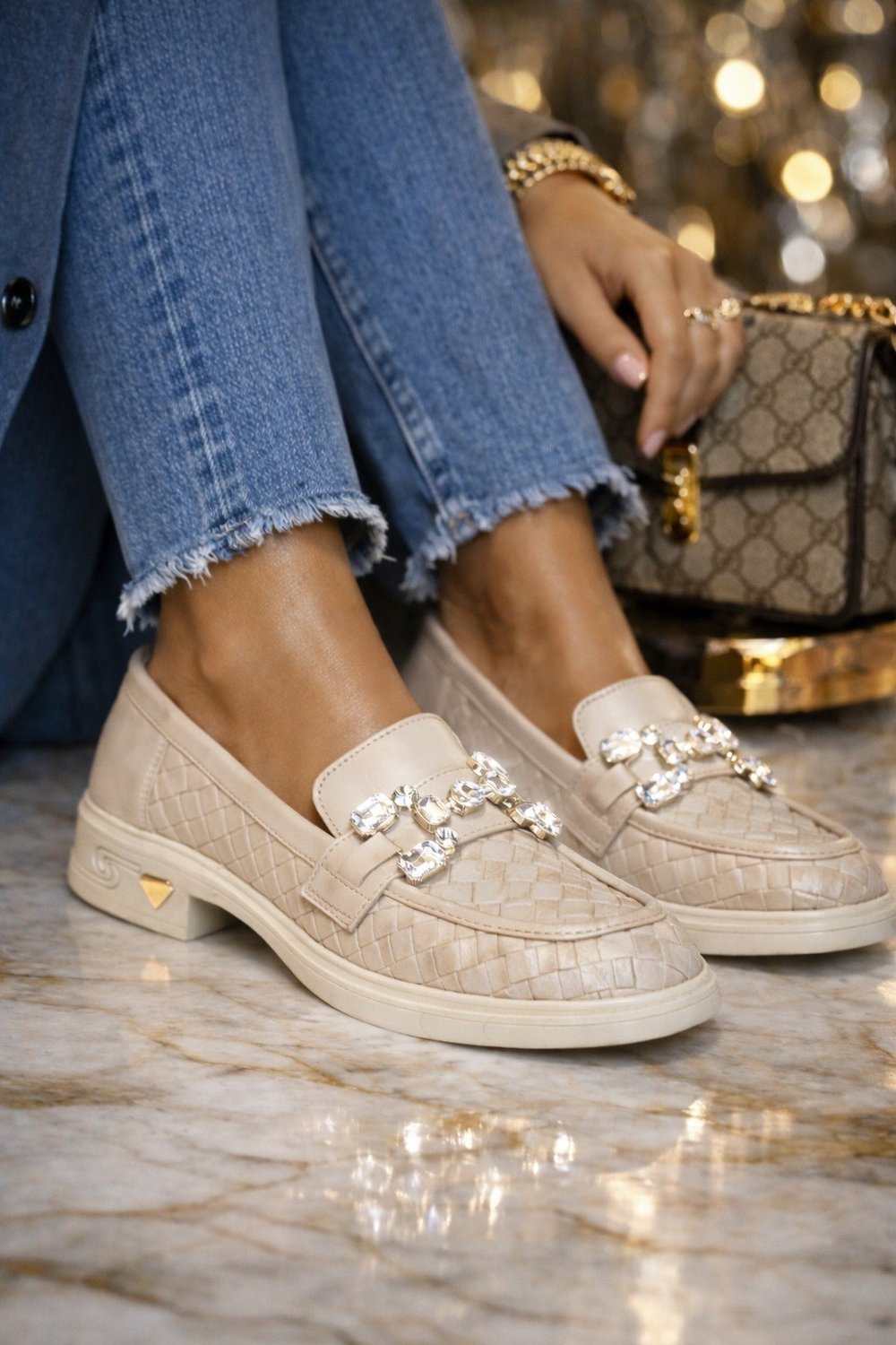 Aura Diamond Örgü Deri Loafer Bej - Loafer