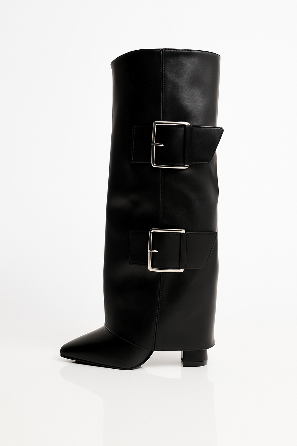 Bold Buckle Kalın Topuklu Çizme Siyah - Topuklu Çizme