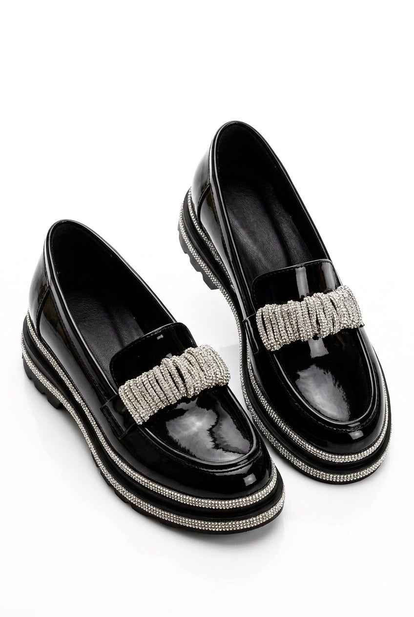 Dulya Kristal Taşlı Rugan Loafer Siyah - Loafer