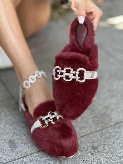 Forte Extreme Tüylü Terlik Bordo - KADIN AYAKKABI