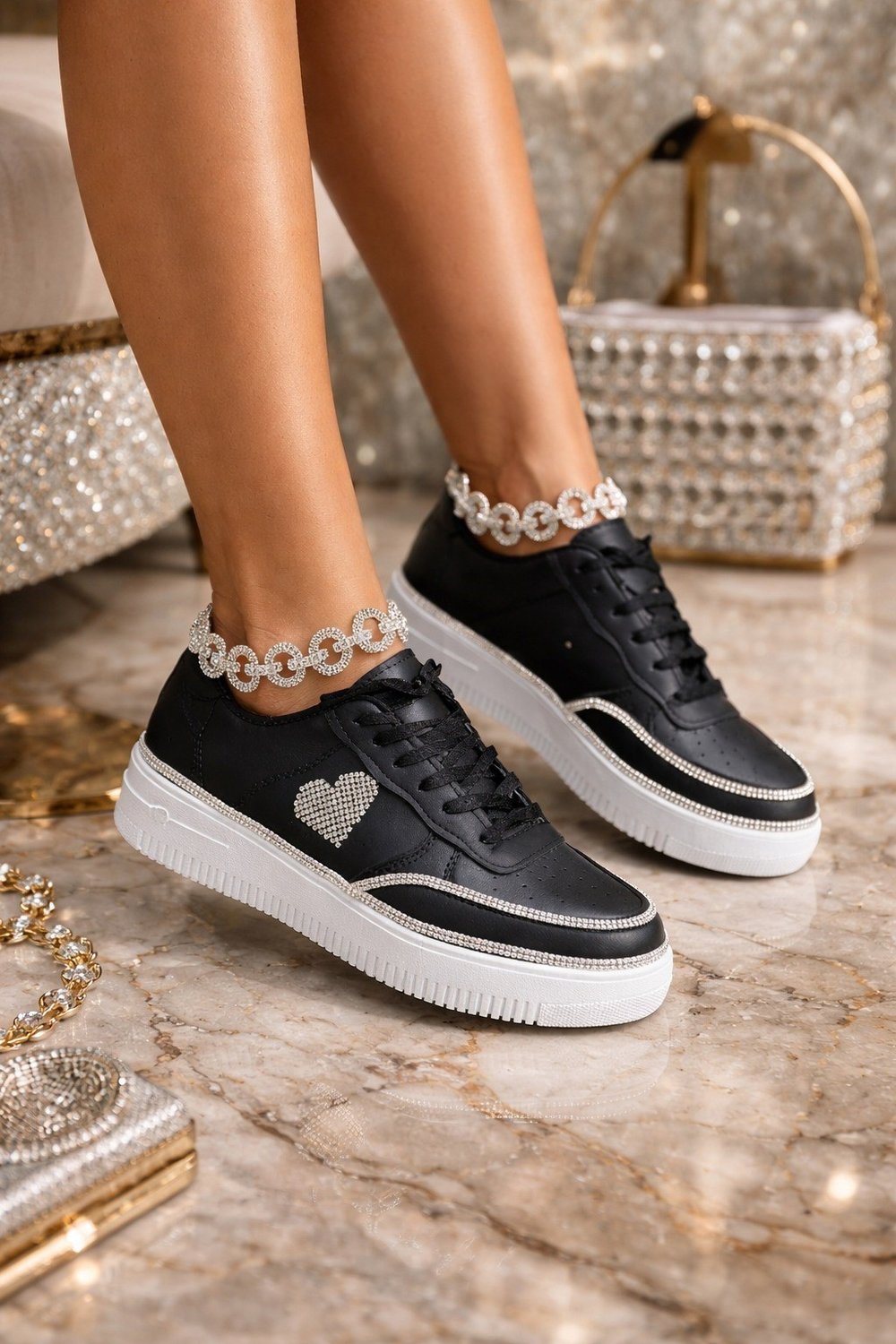 Heart Plus Kristal Taşlı Spor Ayakkabı Siyah - Spor Ayakkabı