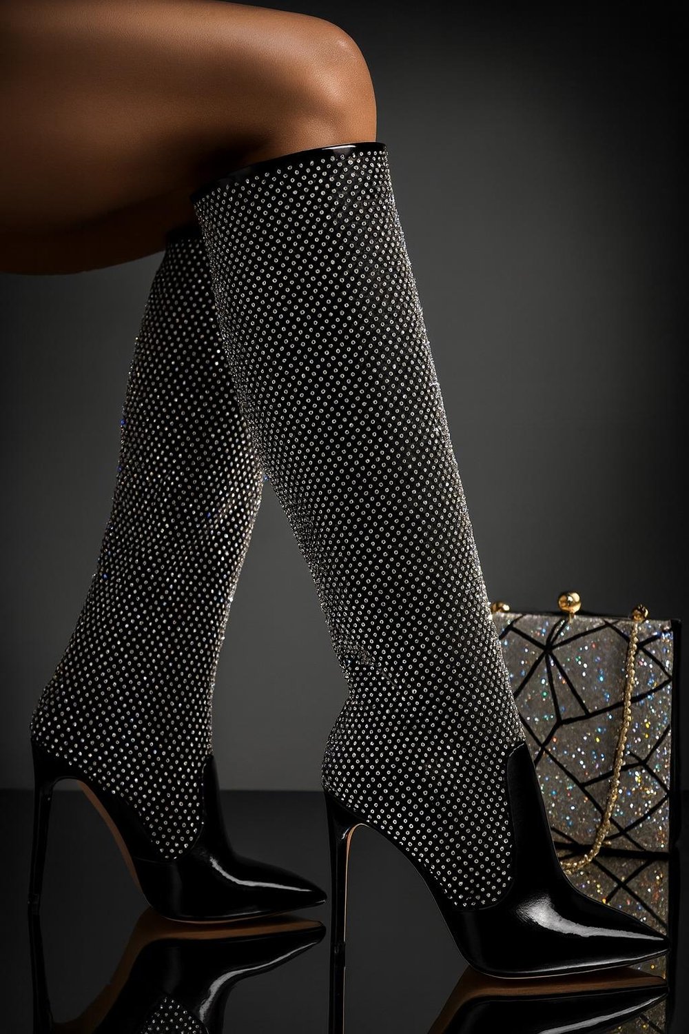 Oloho Kristal Taşlı Rugan Çizme Siyah - ÇİZME