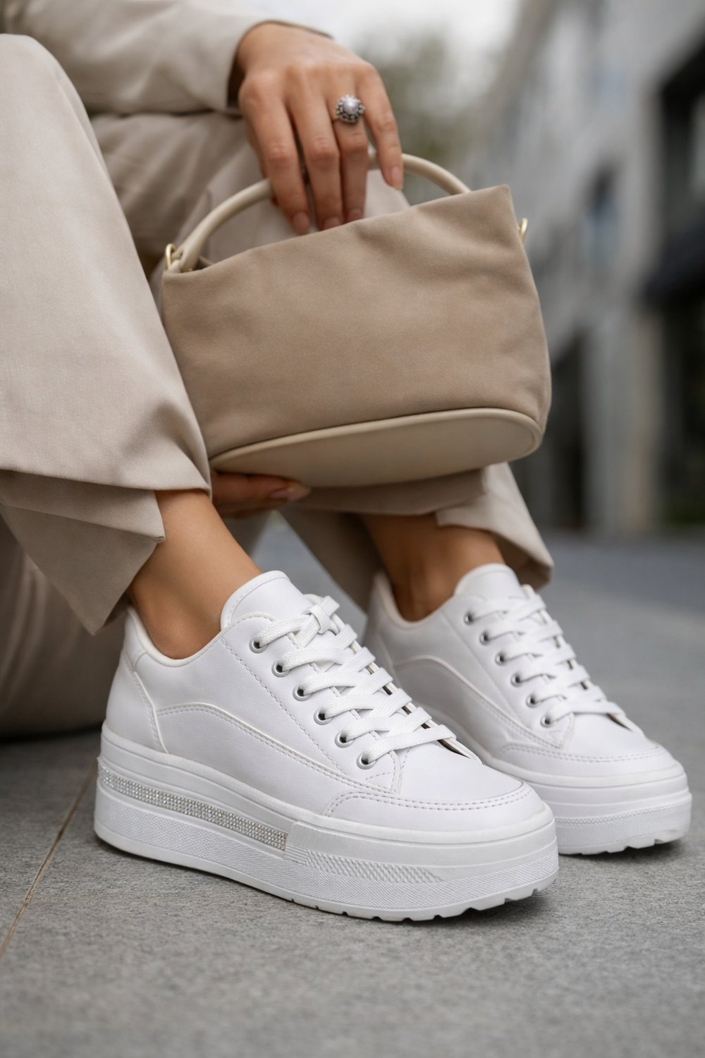 Usare Yüksek Tabanlı Keten Spor Ayakkabı Beyaz - Spor Ayakkabı