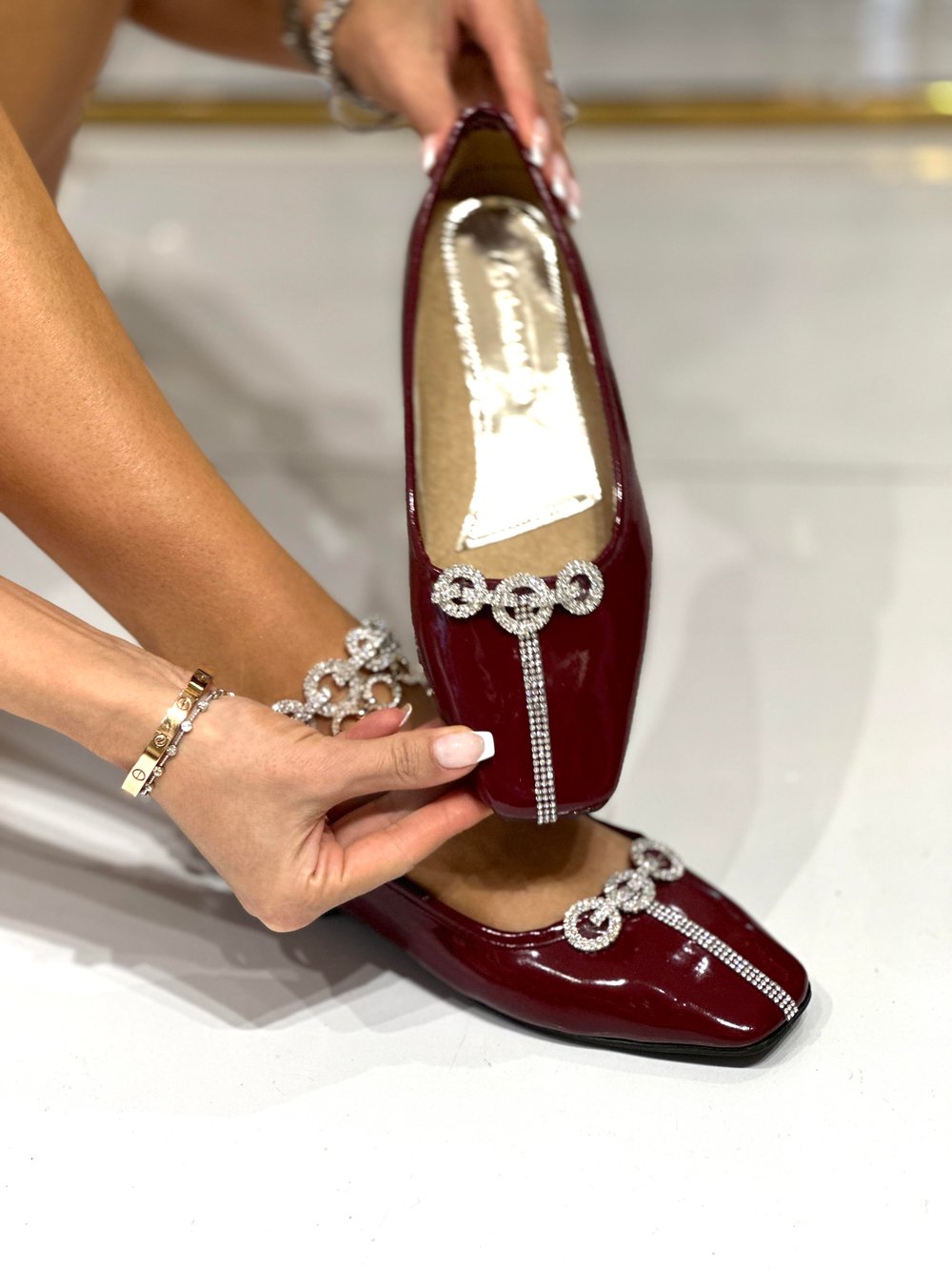 Valment Kristal Taşlı Rugan Babet Bordo - KADIN AYAKKABI