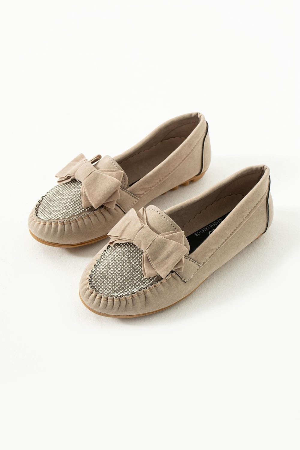 Zaza Kristal Taşlı Süet Babet Bej - Düz Babet