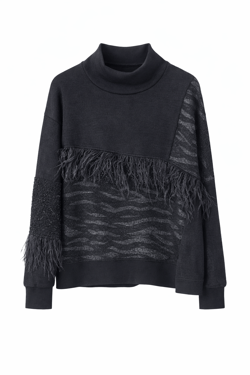 TEXTURED FRINGE HIGH-NECK SWEAT – SİYAH