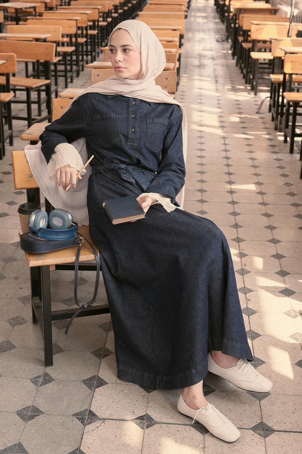 Liz Uzun Denim Elbise Koyu Mavi