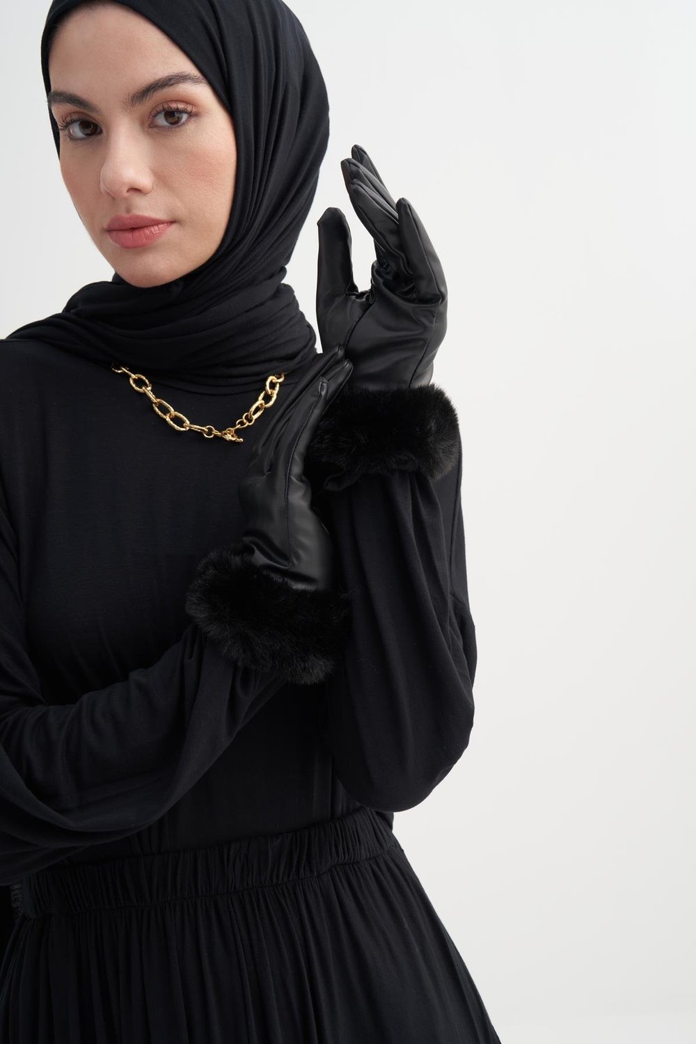 Kürk Detaylı Deri Eldiven Siyah