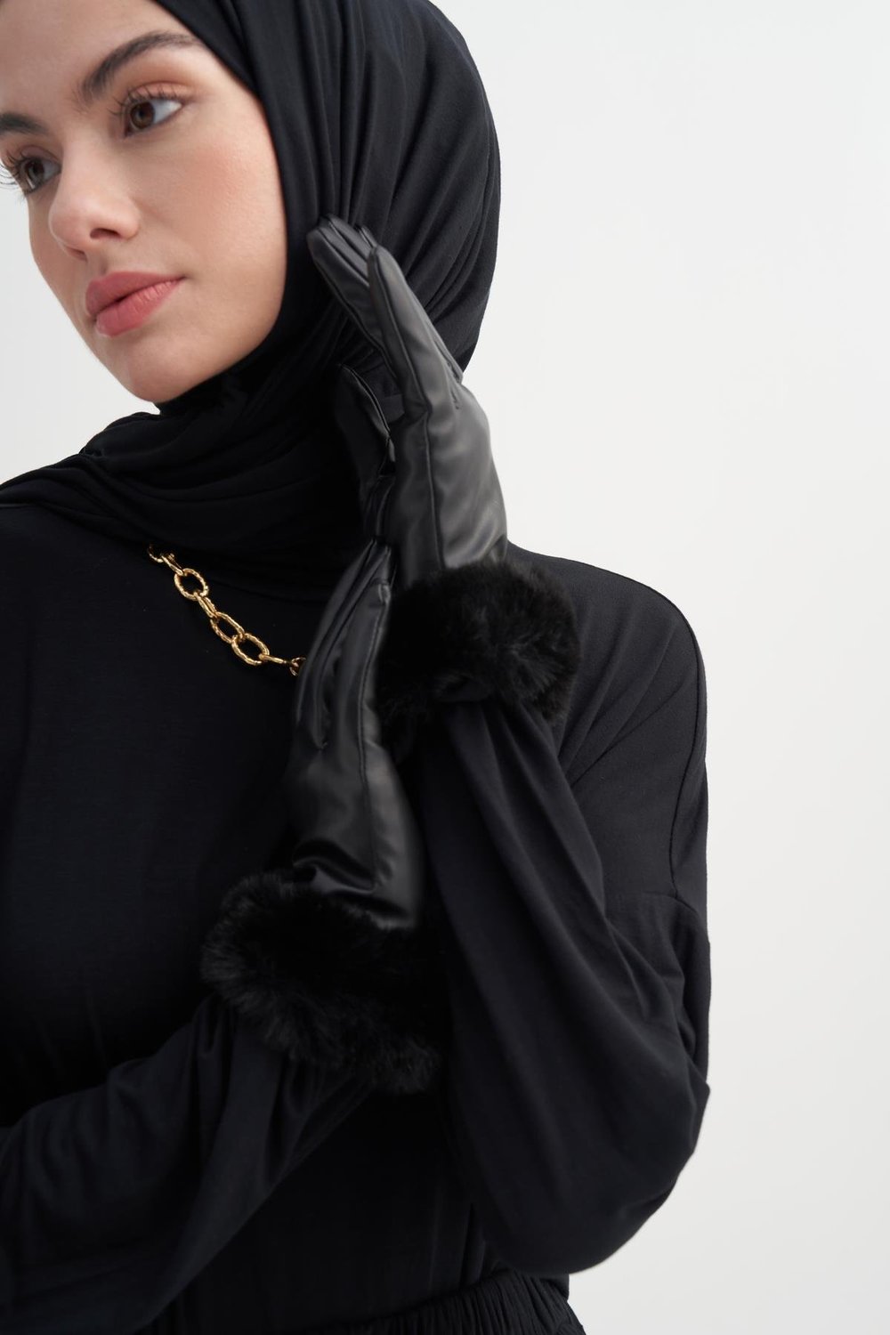 Kürk Detaylı Deri Eldiven Siyah