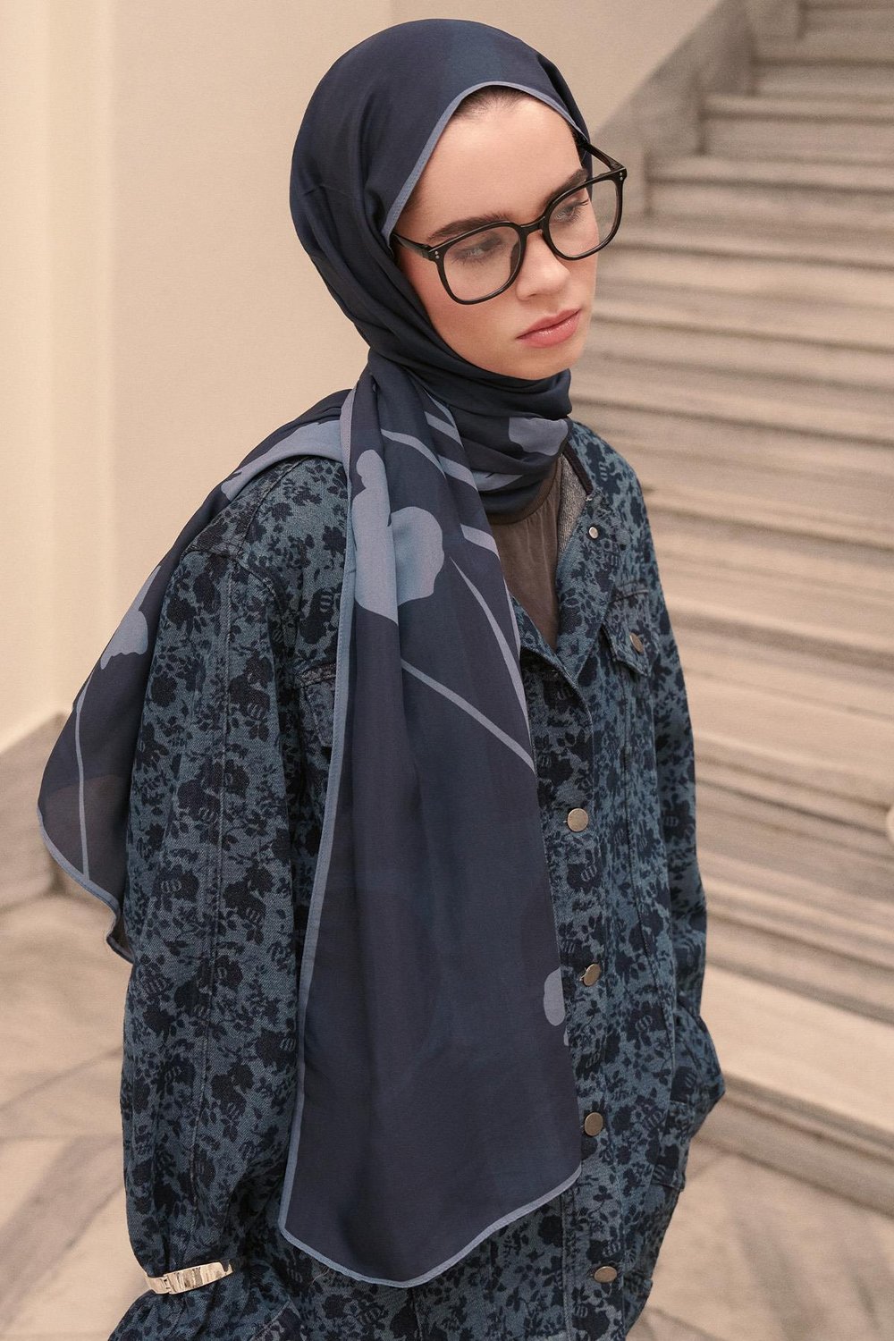 Vera Monogram Floş Şal Koyu Lacivert