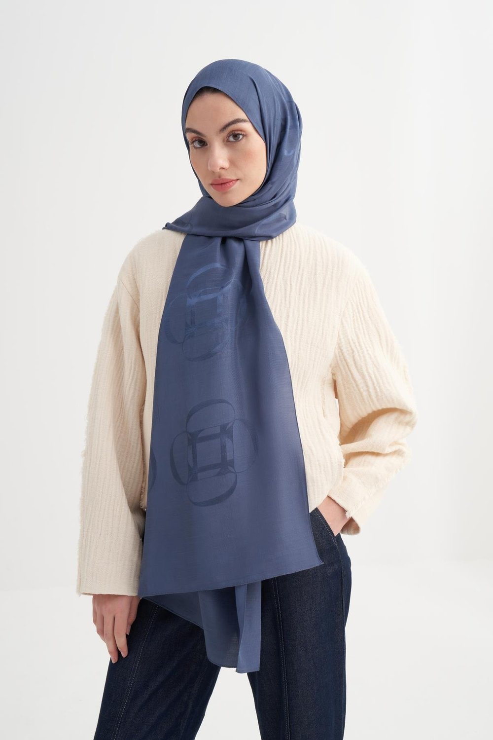 Aura Desen Rina Floş Jakar Şal Kot Mavi