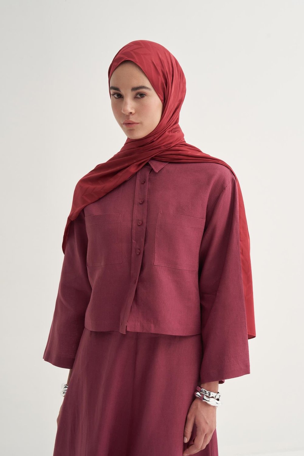 Baklava Desen Pamuk İpek Şal Bordo