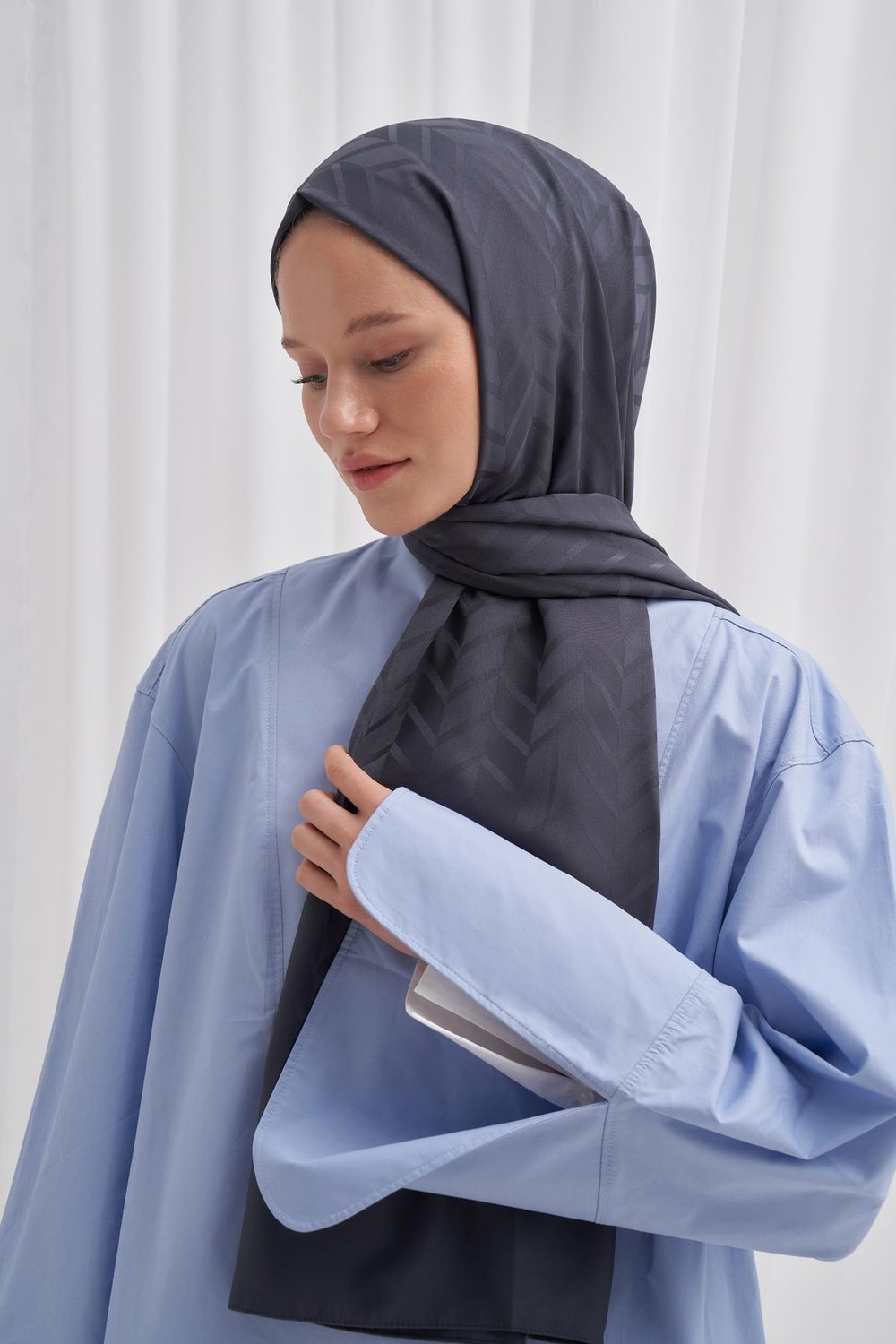 Baklava Desen Pamuk İpek Şal Antrasit