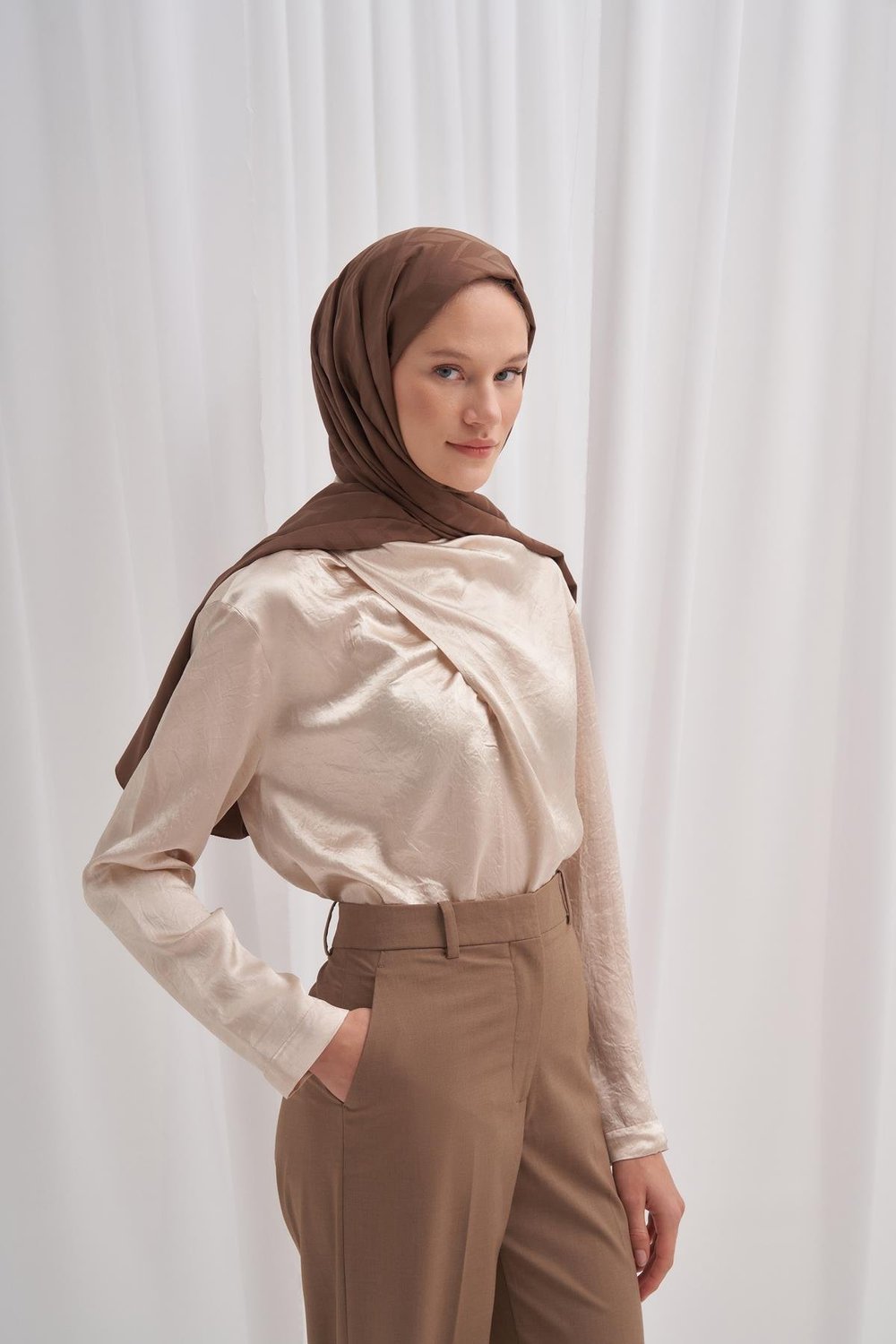 Baklava Desen Pamuk İpek Şal Küllü Kahve