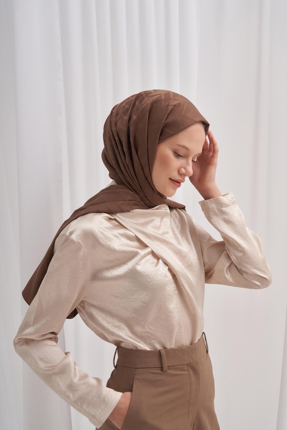 Baklava Desen Pamuk İpek Şal Küllü Kahve