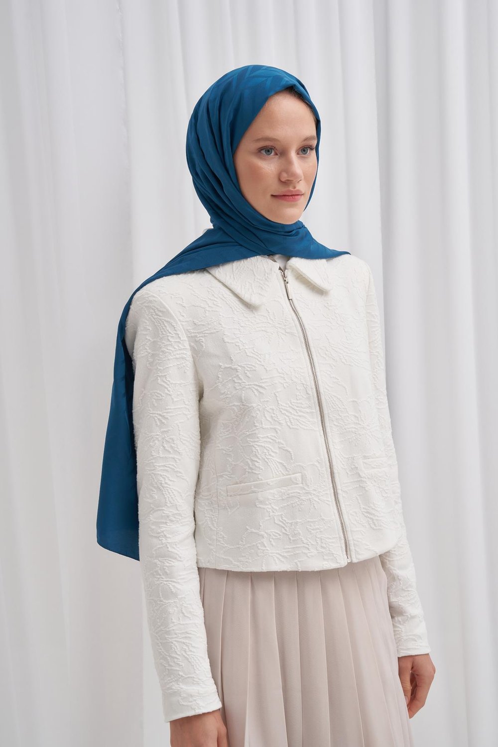 Baklava Desen Pamuk İpek Şal Petrol Mavisi