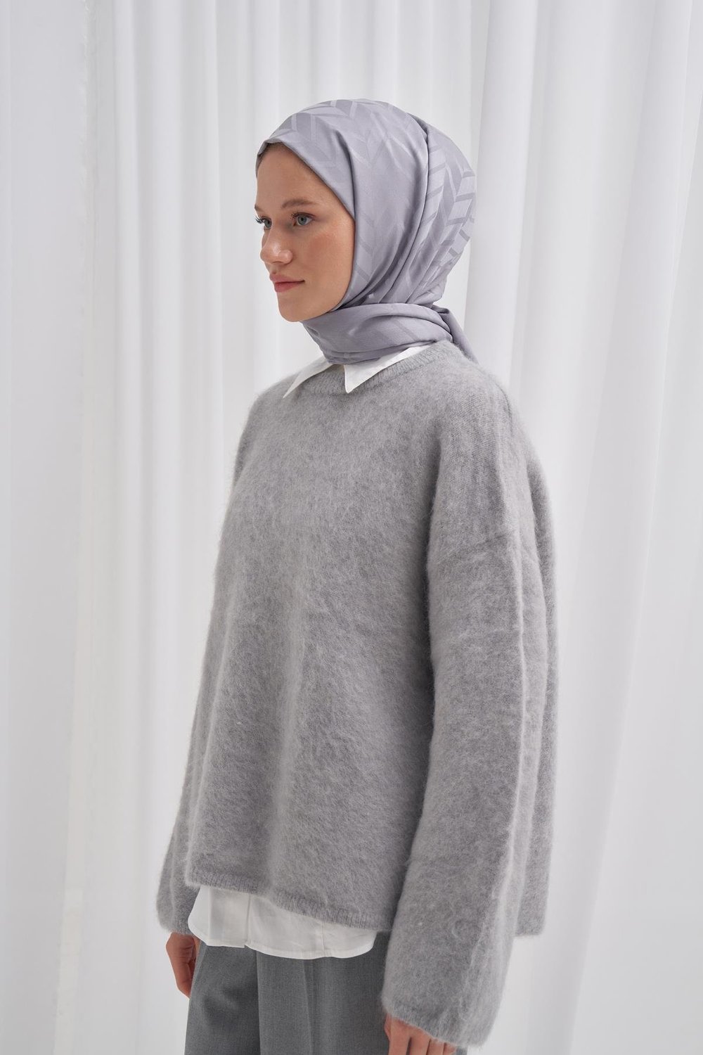 Baklava Desen Pamuk İpek Şal Silver Gri