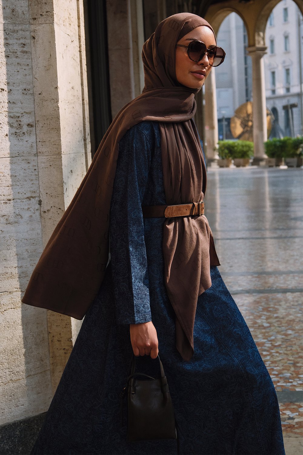 Liz Desenli Uzun Denim Elbise Koyu Mavi