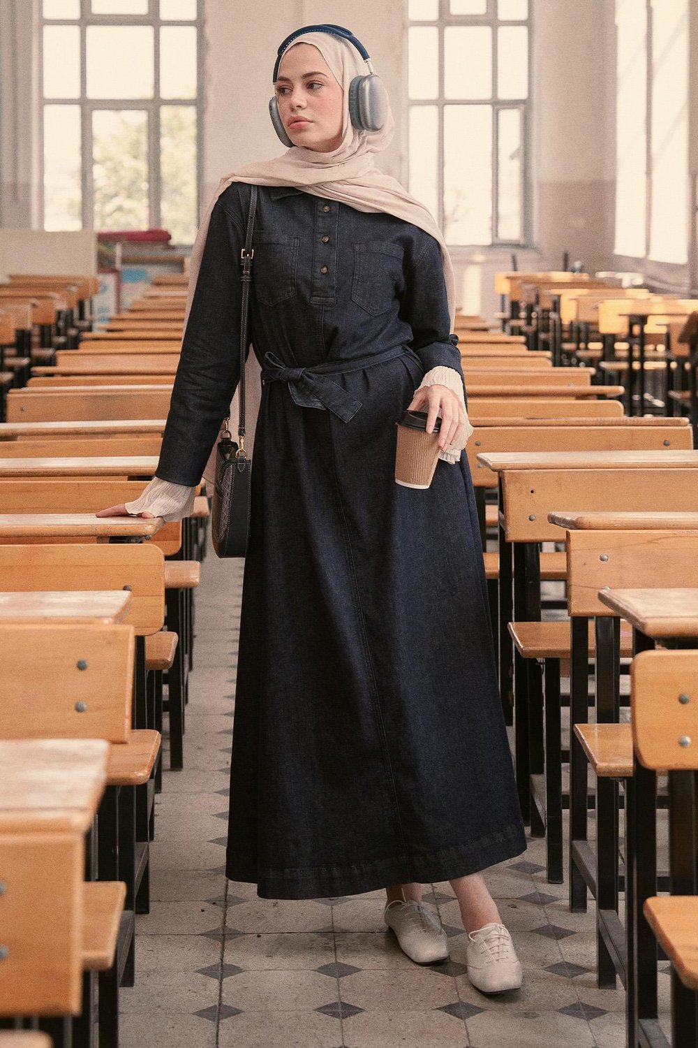 Liz Uzun Denim Elbise Koyu Mavi