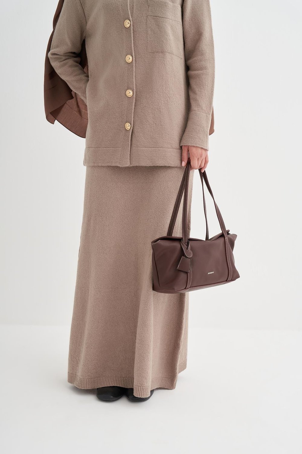 Düz Örgü Triko Etekli Takım Vizon