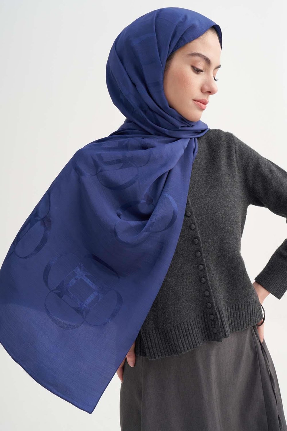 Aura Desen Rina Floş Jakar Şal Lacivert