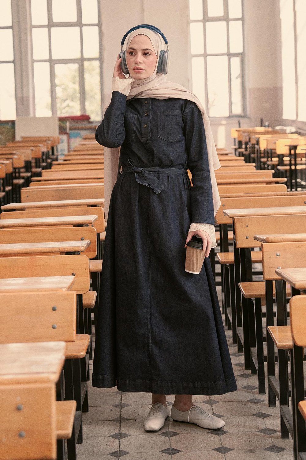 Liz Uzun Denim Elbise Koyu Mavi