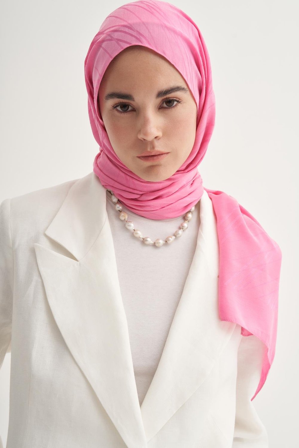 Simetrik Jakar İtalyan  İpekli Şal Koyu Pembe