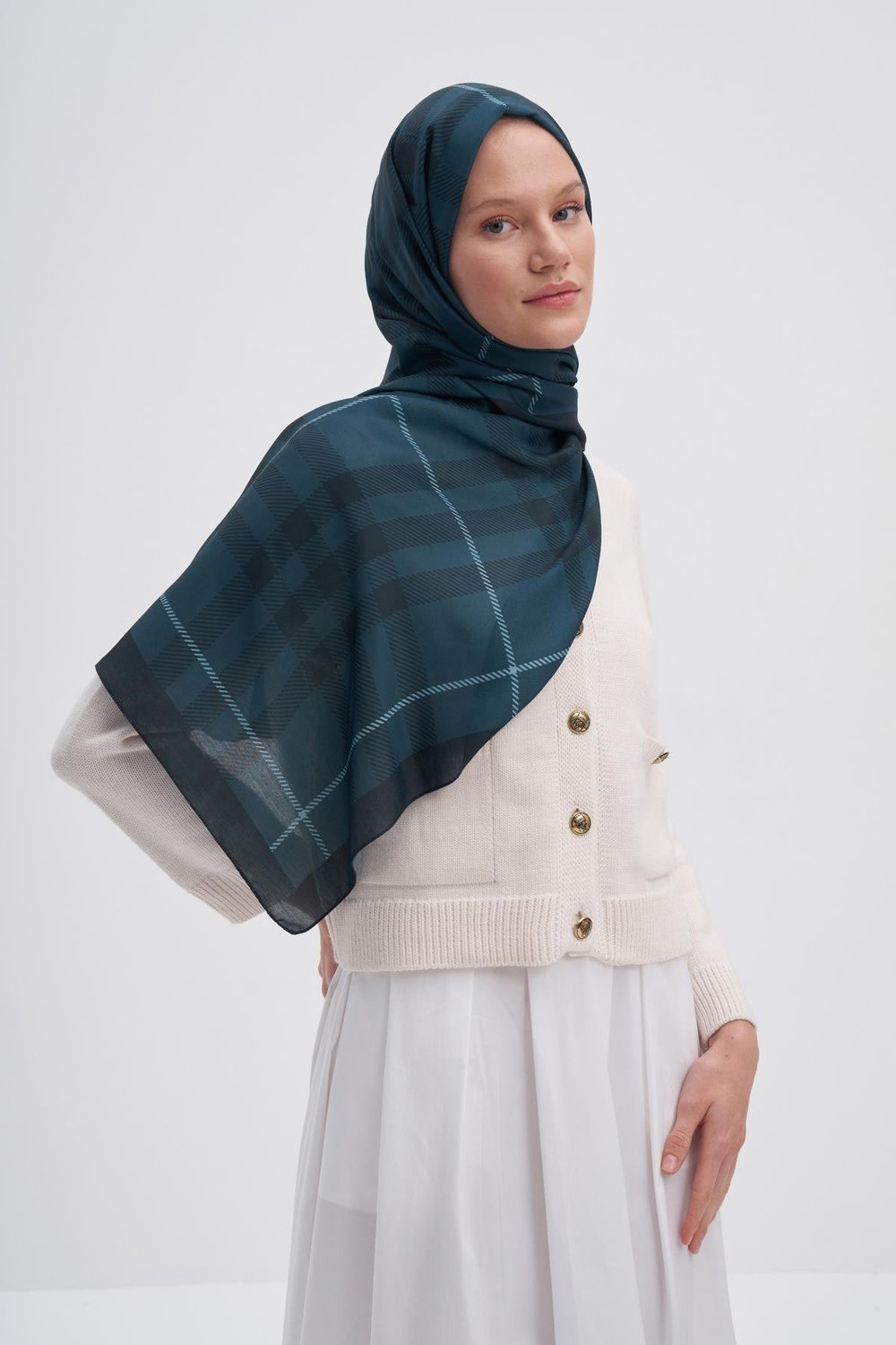 Echo Pamuk Şal Cuadros Petrol Mavisi