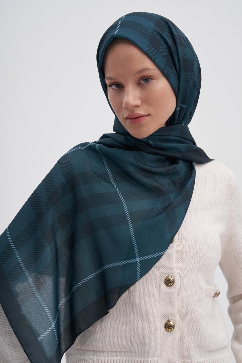 Echo Pamuk Şal Cuadros Petrol Mavisi