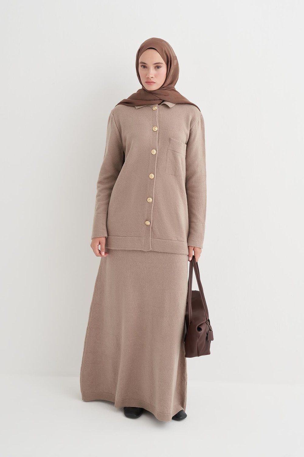 Düz Örgü Triko Etekli Takım Vizon