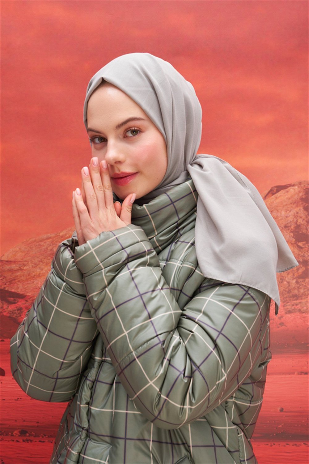 Kare Desen Modal Jakar Şal Açık Gri