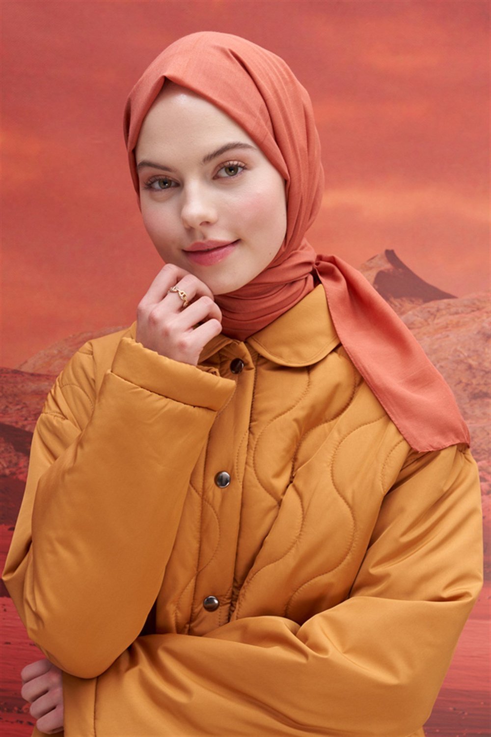 Kare Desen Modal Jakar Şal Kiremit