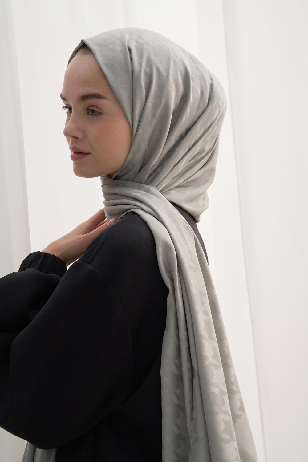 Kazayağı Desen Pamuk İpek Şal Açık Gri