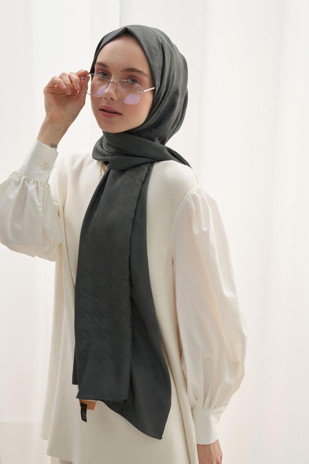 Kazayağı Desen Pamuk İpek Şal Haki