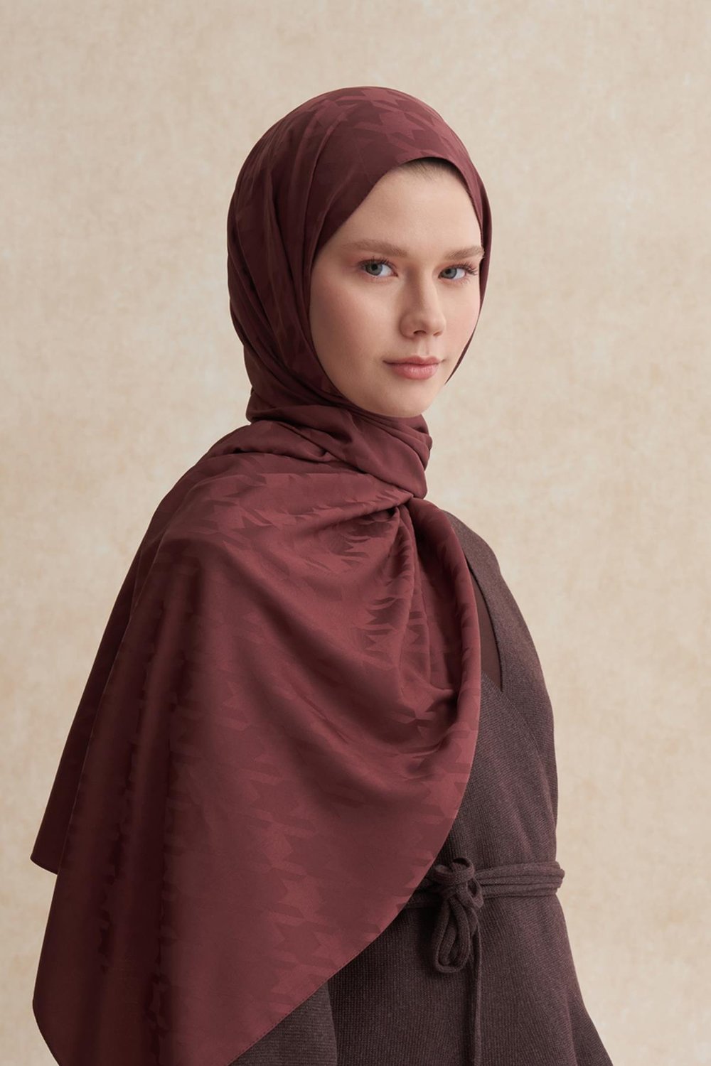 Kazayağı Desen Pamuk İpek Şal Kızıl Kahve