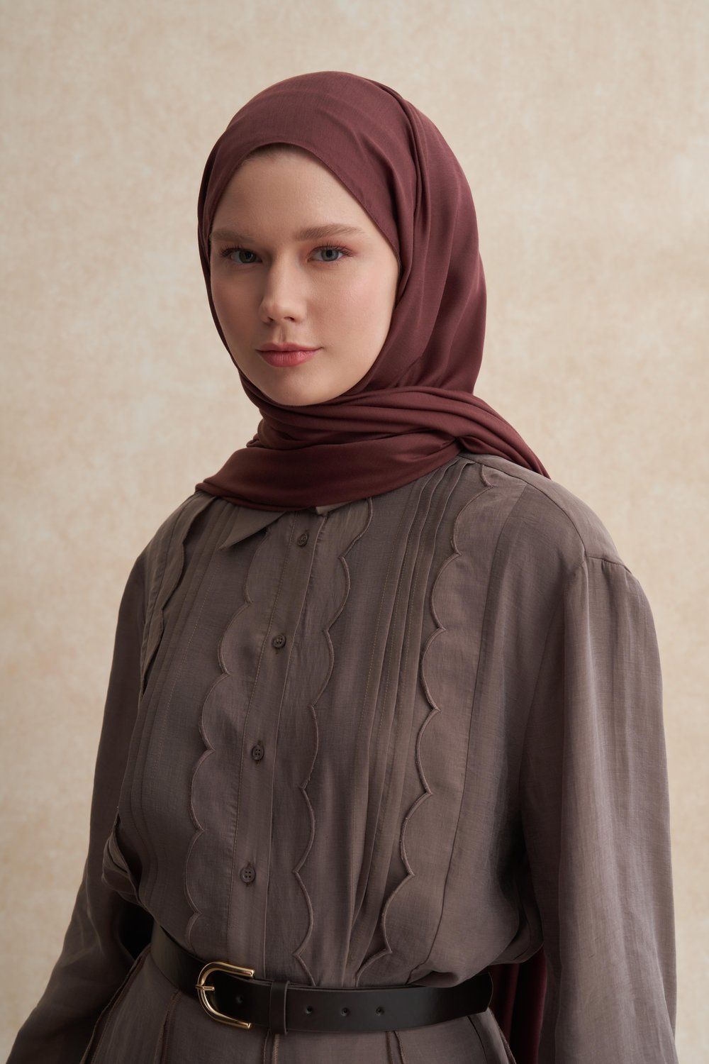 Şantuk Çift Taraflı İpekli Şal Kızıl Kahve