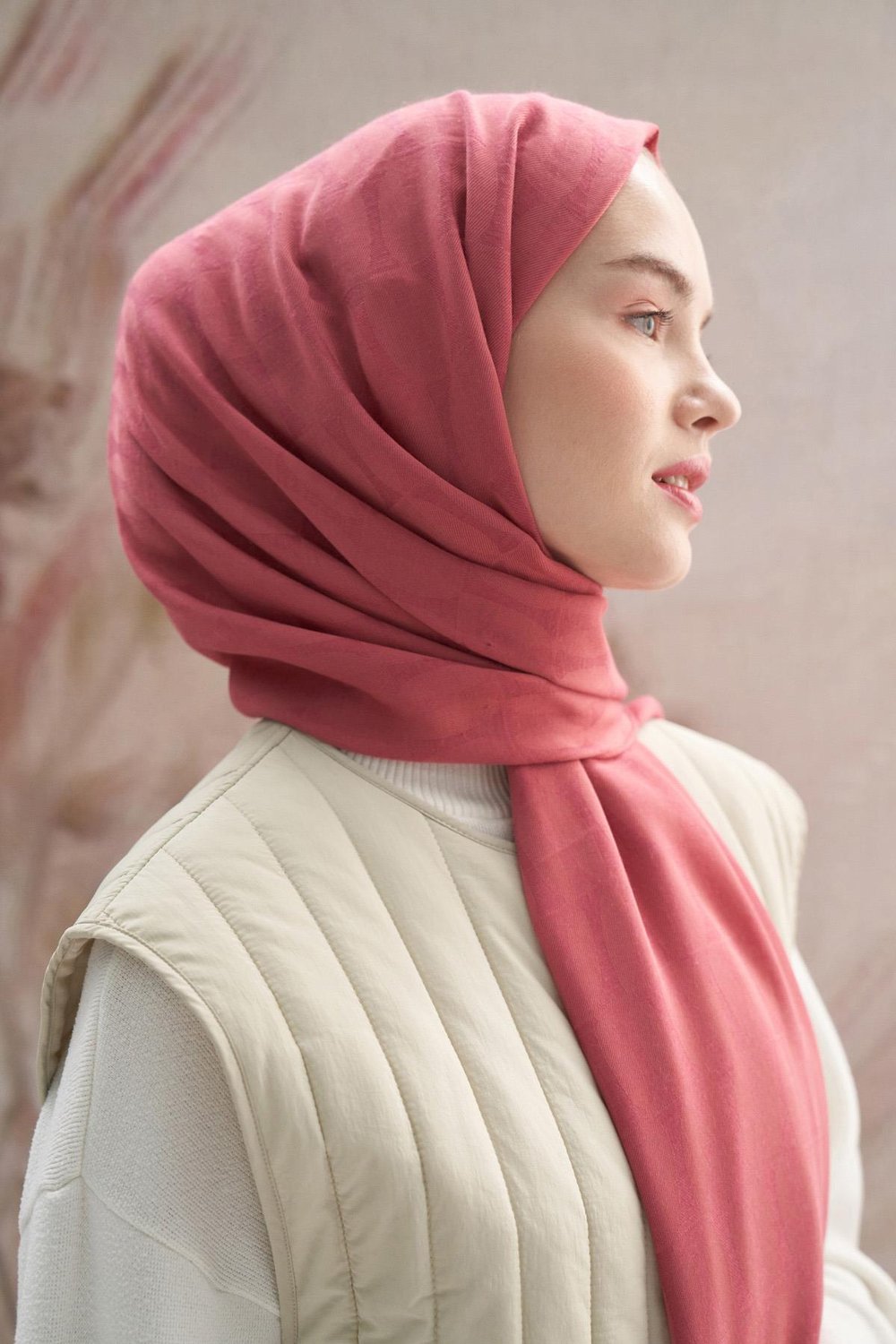 Vence Çift Taraflı Mio Desen İpek Şal Mercan