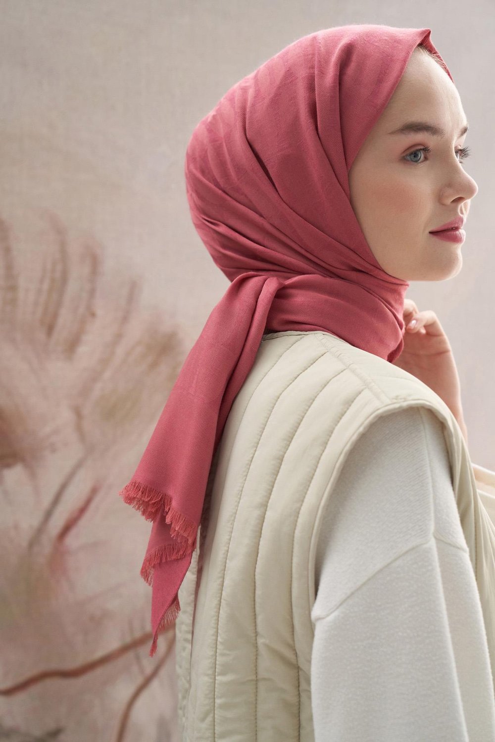 Vence Çift Taraflı Mio Desen İpek Şal Mercan