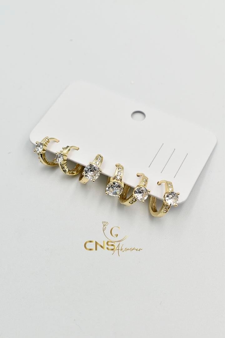 14K Vip Tek Taş 6'lı Set Küpe