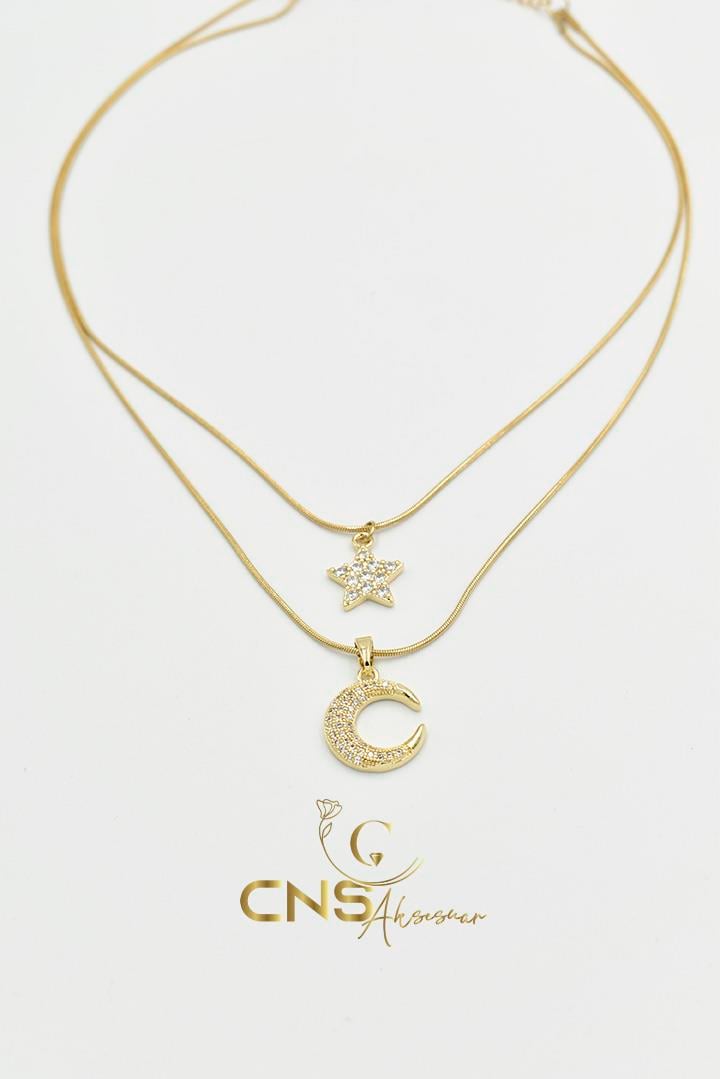 Çoklu Zincir Ay/Yıldız Model Kolye