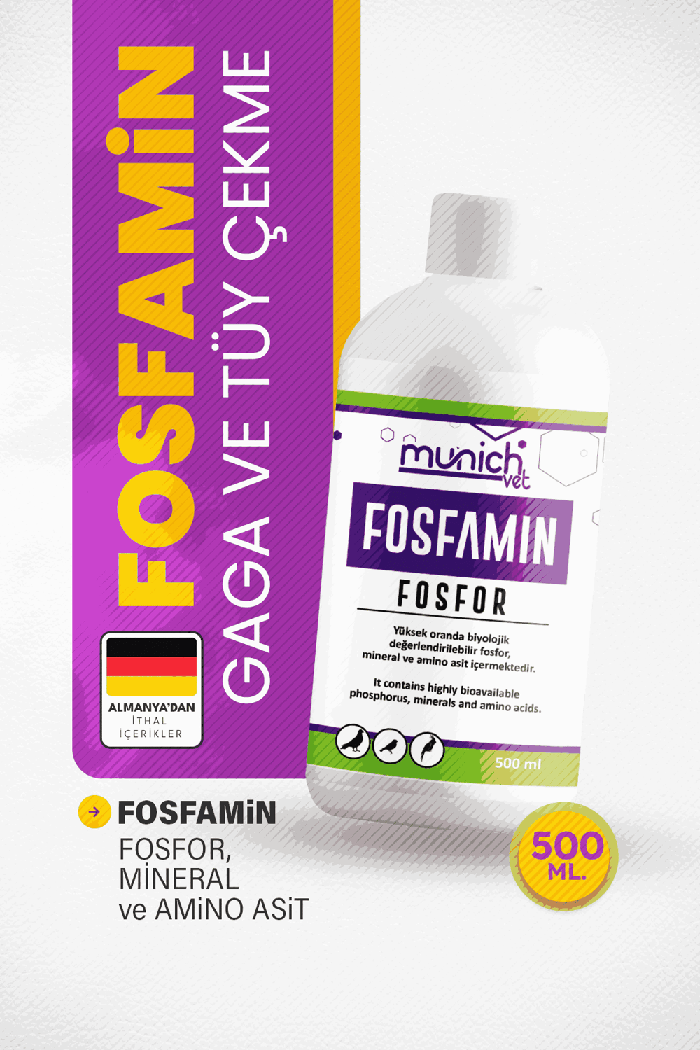 Fosfamin 500 Ml - Kanatlı Hayvanlarda Tüy Çekme - Gagalama - Yumurta Kabuğu 