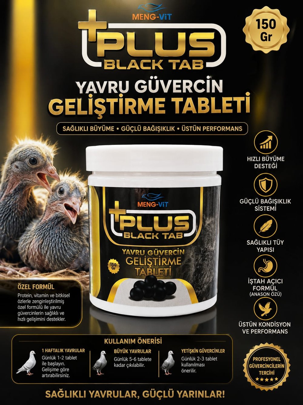 Meng-Vit Plus Black Tab Yavru Hapı 150 Gr | Güvercin Protein ve Gelişim Tableti