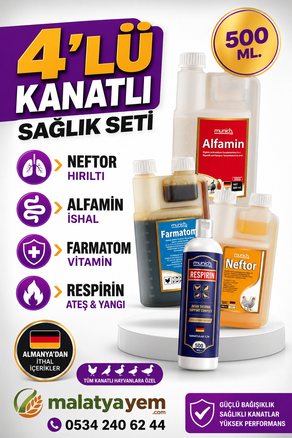 Munich Vet 4'lü Kanatlı Set 500 ml | Neftor, Alfamin, Farmatom, Respirin