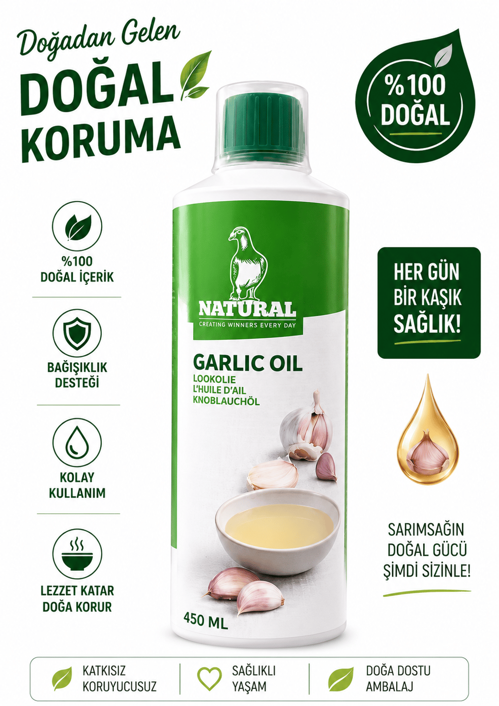 Natural Sarımsak Yağı 450 gr | Güvercinler İçin Doğal Antibiyotik ve Performans Desteği