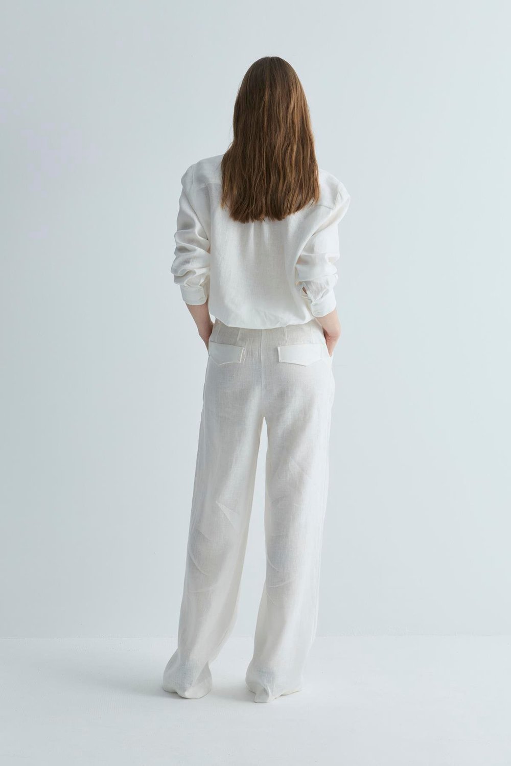 Beyaz %100 Keten Nora Pileli Pantolon