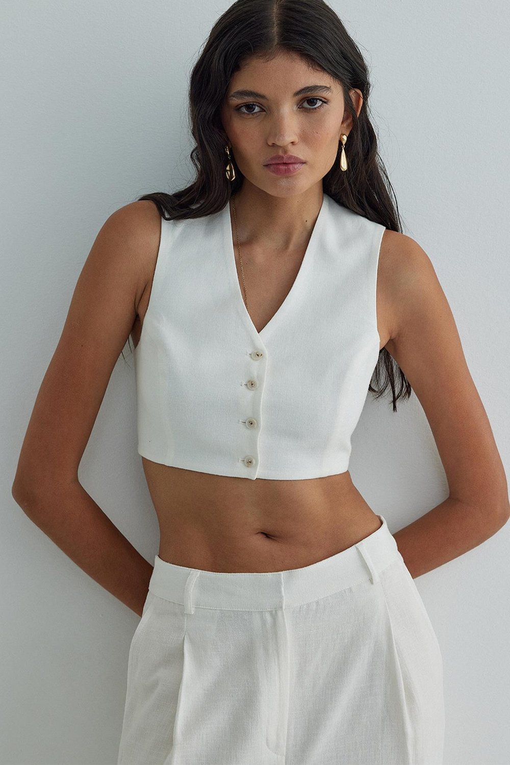 Ekru Gabri Düğmeli Keten Yelek