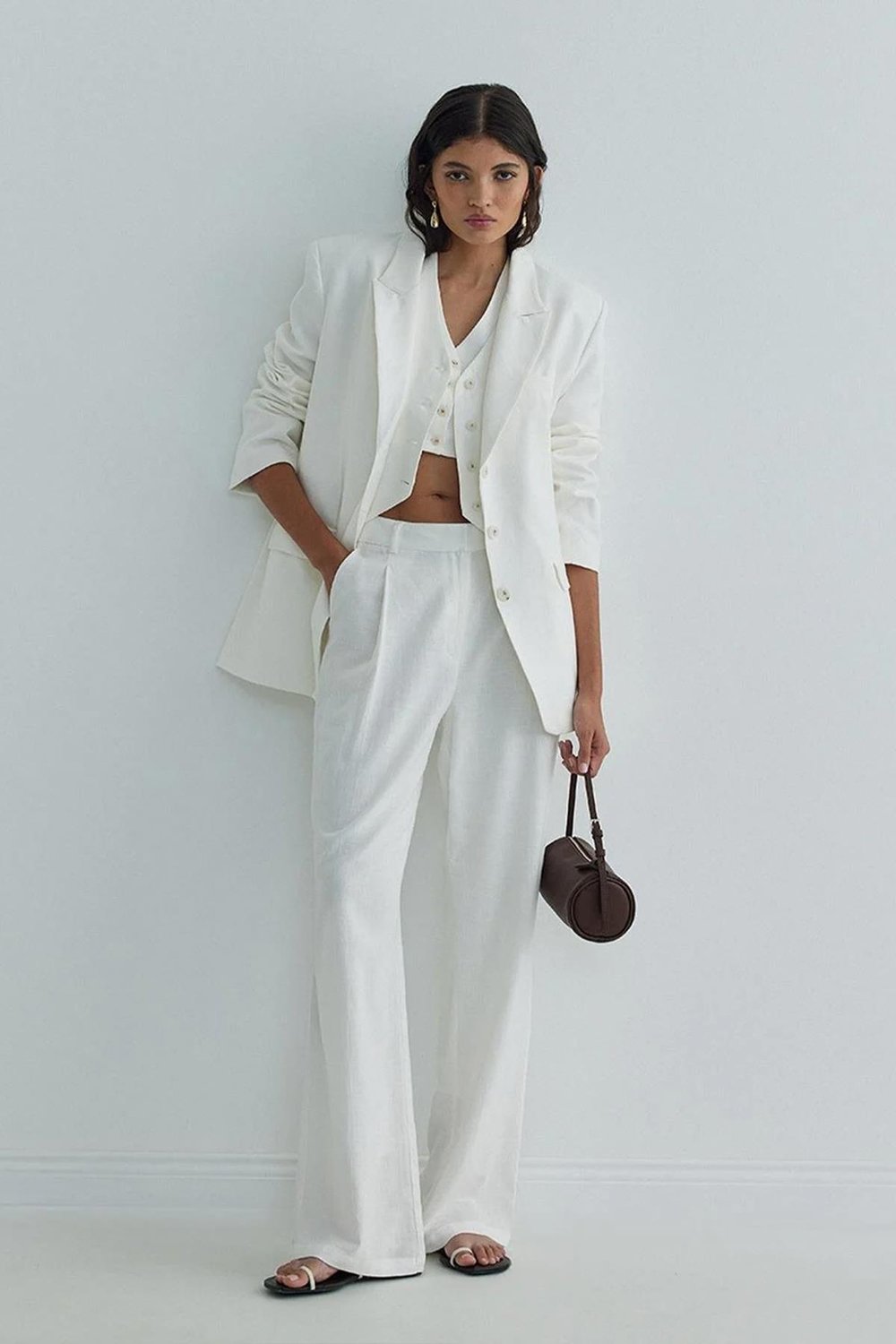 Ekru Gabri Düğmeli Keten Yelek